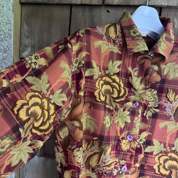 JAEGER Vintage Grate Britain 💯 Wool Brown Checked Floral Shirt Blouse Button Up - Picture 6 of 14